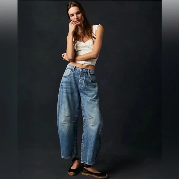 Free People We The Free Good Luck Mid-Rise Barrel Jeans ๐ฆ Size 24 ๐ฆ Like New - Picture 2 of 7